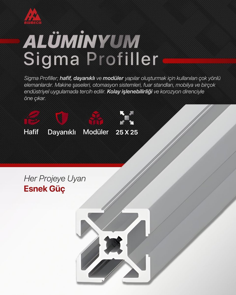 AlumechMek's tweet photo. ⚙️ Projelerinizde Sınır Tanımayın! Alumech 25x25 Sigma Profil ile Güçlü ve Esnek Çözümler!

#SigmaProfil #AlüminyumProfil #Alumech #EndüstriyelProfil #ModülerSistemler #Makineİmalat https://t.co/SRT0wSy9qJ
