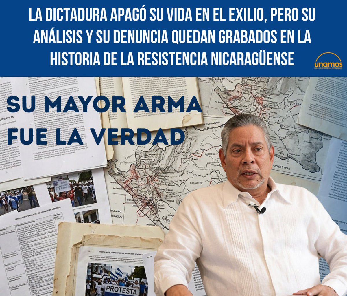 unamosnica's tweet photo. A un año del asesinato de Roberto Samcam. Exmilitar, sociólogo y defensor de la libertad. La dictadura apagó su vida en el exilio, pero su análisis y su denuncia quedan grabados en la historia de la resistencia nicaragüense. #RobertoSamcam #Justicia #Nicaragua #PatriaLibreParaVivir