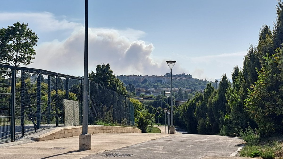 Remer_NavarraPC's tweet photo. Nos llegan imágenes de una gran columna de humo que se divisa desde muchas zonas de la Cuenca de Pamplona. Segun parece es un 🔥#IF #IncendioForestal en el triángulo entre #Gazolaz #Paternàin y #Ororbia.
Imágenes tomadas desde #Barañáin.
En la zona ya trabajan medios aereos 🚁 https://t.co/lm1awb3L5b
