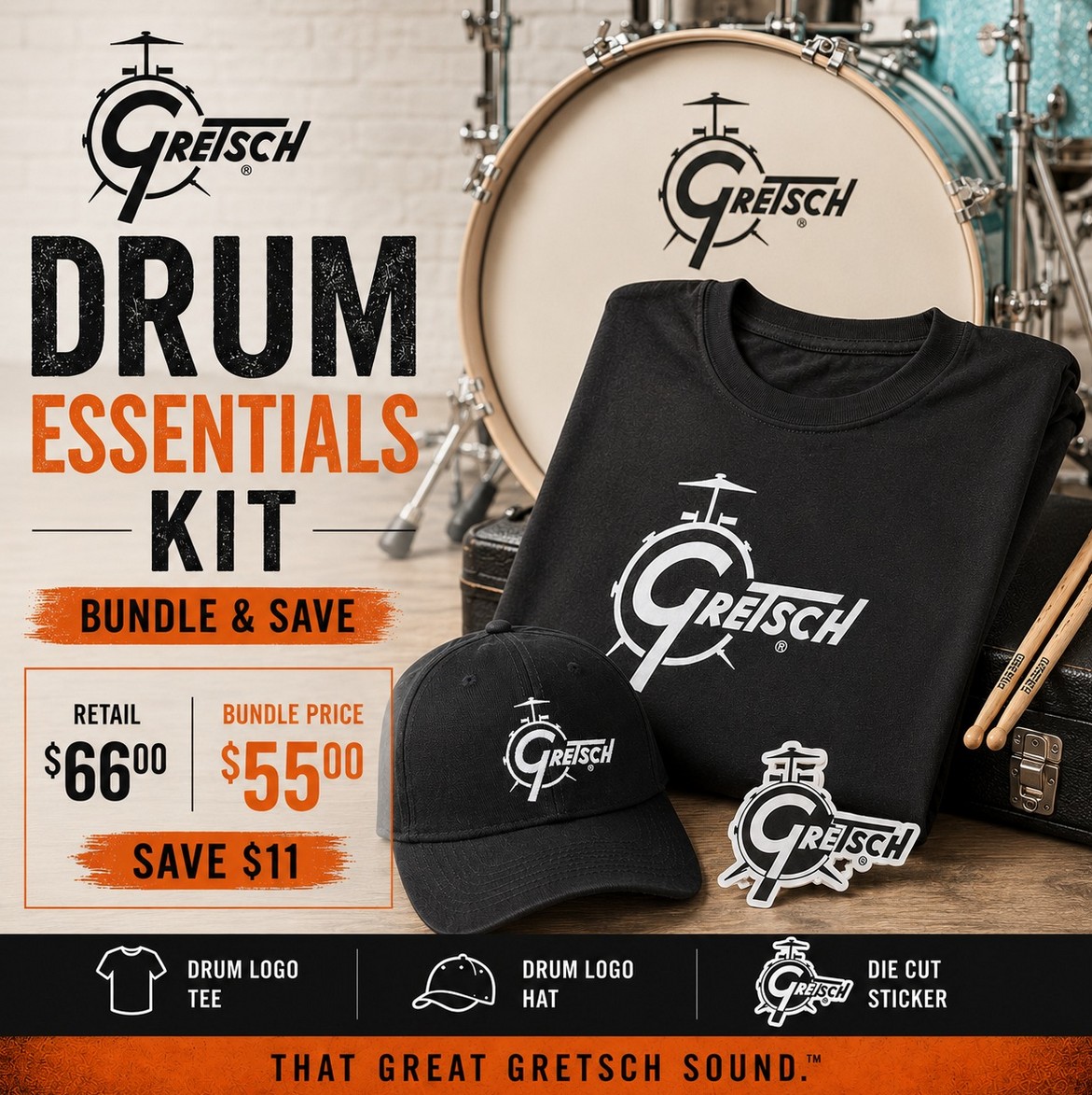 gretsch's tweet photo. Get your official Gretsch Drum Essentials Kit including a Drum Logo T-shirt, matching hat, and die cut sticker.  Visit https://t.co/WmglHPmQTK now! https://t.co/8vGkorwgvf