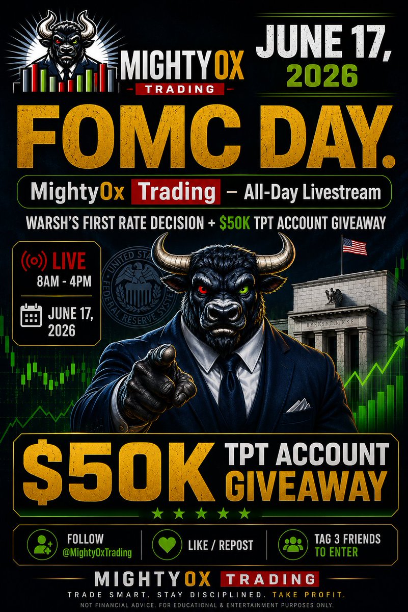 MightyOxTrading's tweet photo. 2 days. Warsh's first FOMC, rate decision at 2PM, presser around 2:30, divided committee, stubborn inflation, dot plot, and statement language. We go live Tuesday at 8AM.
#FOMC #FuturesTrading #MightyOx #PropTrading #FedWatch #FOMCDay #Giveaway #TakeProfitTrader https://t.co/s1Ov3hxX48