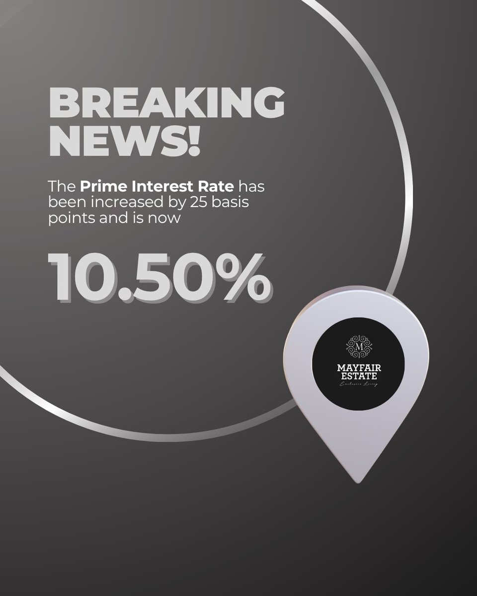 MayfairEstate's tweet photo. Good news for homebuyers and investors! With the Prime Interest Rate now at 10.50%, the path to property ownership is becoming even more attractive.

There’s never been a better time to invest in your future with Mayfair Estate. Discover modern living, exceptional value, and a place to call home.

📧: sales@billiongroup.co.za 
🌐 https://t.co/2xbx405cZd 

#MayfairEstate #PropertyInvestment #PropertyMarketSA #HomeOwnership #RealEstateSA