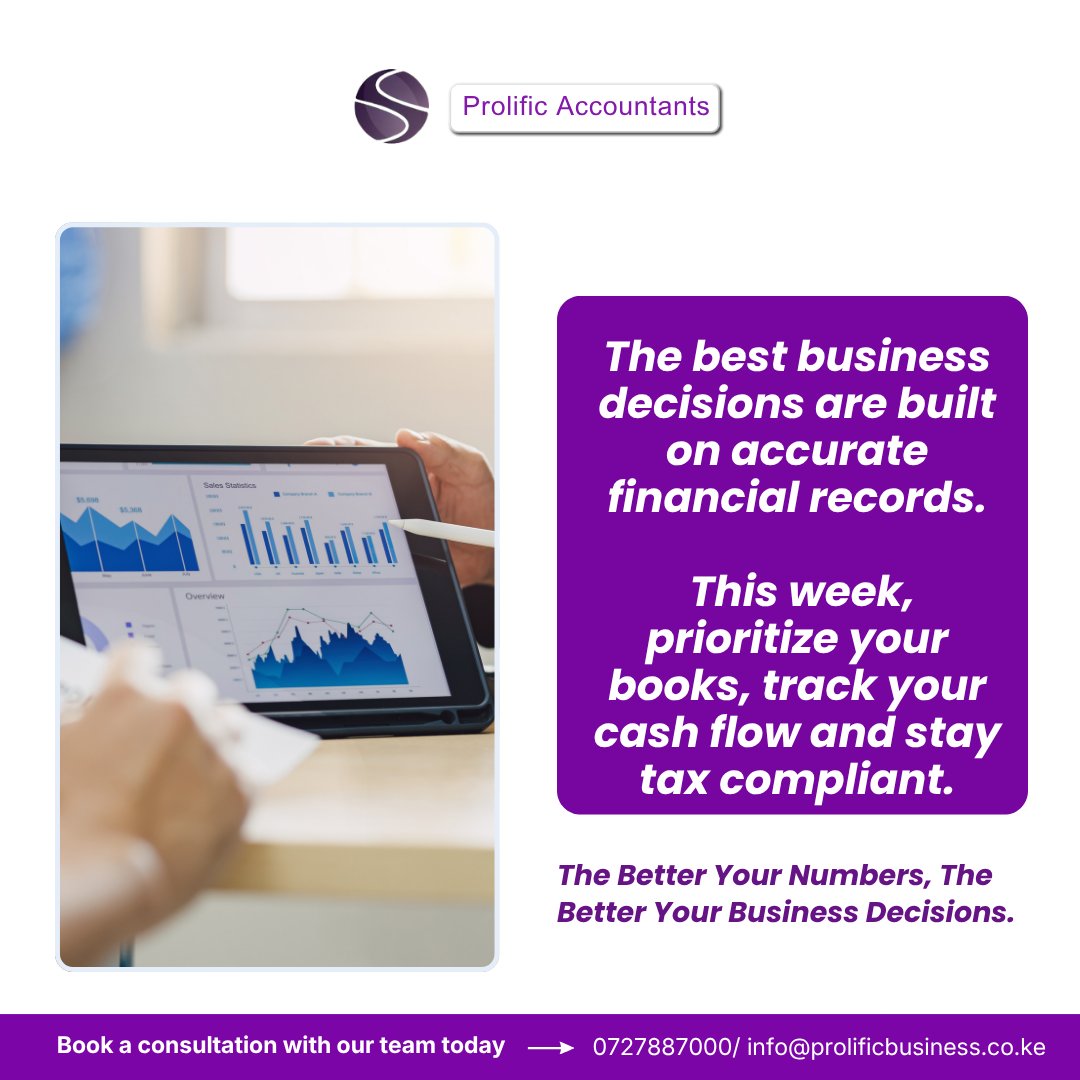 ProlificAccount's tweet photo. The best business decisions are built on accurate financial records. This week, prioritize your books, track your cash flow and stay tax compliant.

The Better Your Numbers, The Better Your Business Decisions.

https://t.co/stf6mLhL37 https://t.co/qvRKdmWYjI