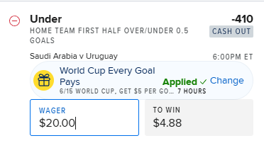 DomPickz's tweet photo. FD Saudi Arabia/Uruguay B&amp;G

Better option here (higher EV%) is O 2.5 but I bet U 2.5 on DK so not touching that. https://t.co/tCZcTDMBaf