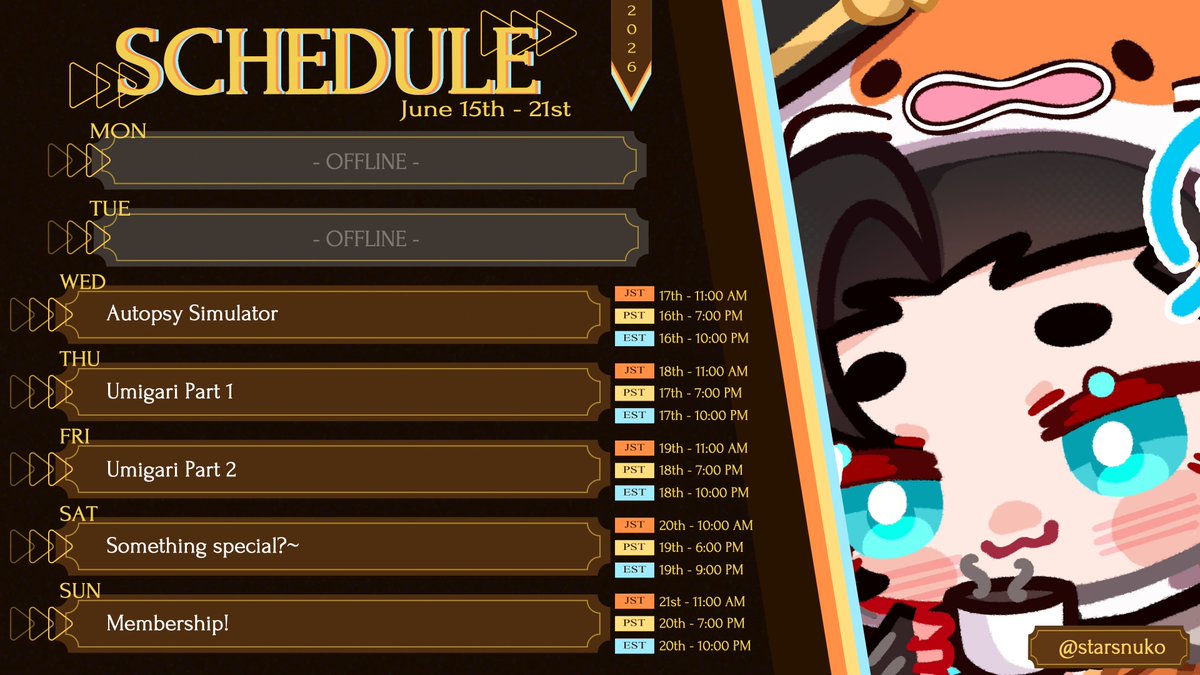 josuijishinri's tweet photo. 🏹Schedule!🎏
📆6/15 - 6/21
🌆 11am Japan | 7pm PDT | 10pm EDT |

Time to cut up some bodies and then go fishing! We've got something big this week coming with #STARSSlumberParty so I hope you'll all get excited for it, plus a little something extra? Hope to see you there!! https://t.co/OgkkTgI1dX