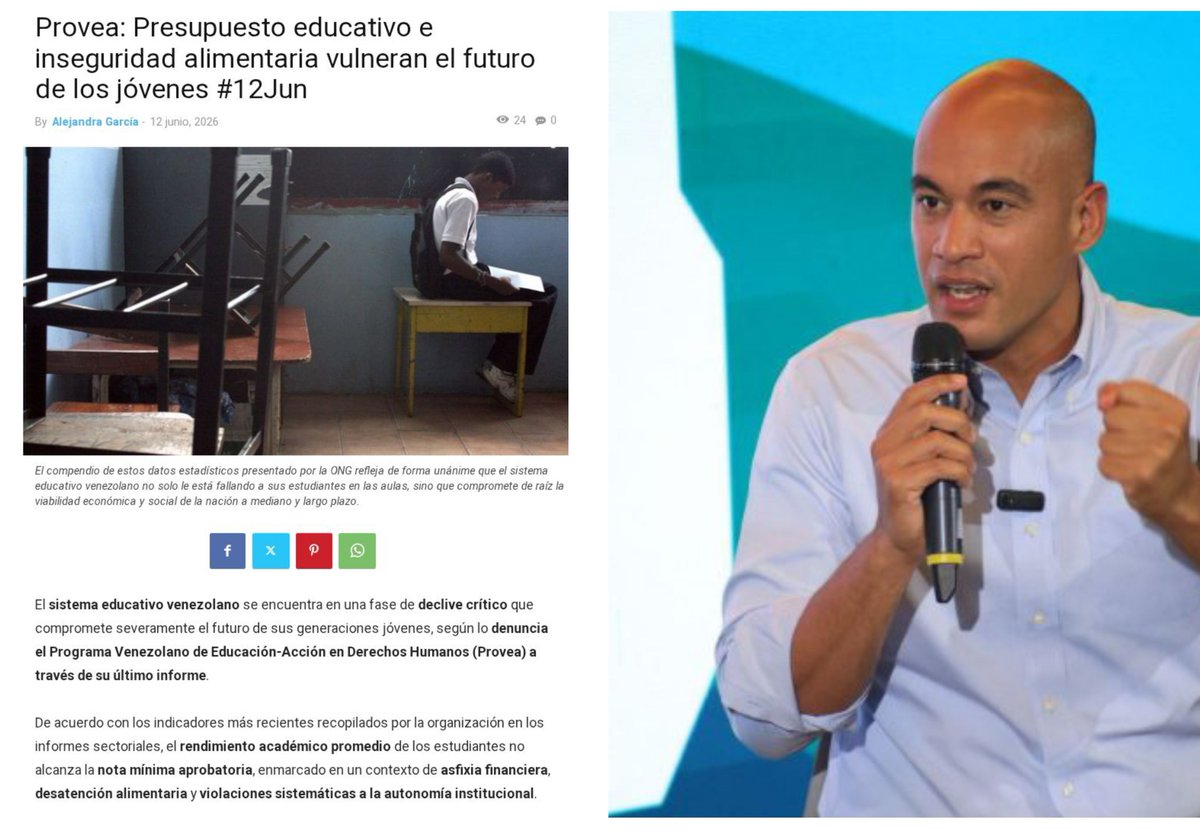 vivassantanaj_'s tweet photo. ¡El malandro Héctor Rodríguez no puede seguir siendo ministro MPPE! Provea denuncia destrucción absoluta del sistema educativo y confirma nuestras denuncias sobre las calamidades que se viven en toda la estructura de educación, así como infraestructura física, carencias pedagógicas y completa ineficiencia del sistema 

***

Provea: Presupuesto educativo e inseguridad alimentaria vulneran el futuro de los jóvenes #12Jun

By Alejandra García - 12 junio, 2026

El compendio de estos datos estadísticos presentado por la ONG refleja de forma unánime que el sistema educativo venezolano no solo le está fallando a sus estudiantes en las aulas, sino que compromete de raíz la viabilidad económica y social de la nación a mediano y largo plazo.

El sistema educativo venezolano se encuentra en una fase de declive crítico que compromete severamente el futuro de sus generaciones jóvenes, según lo denuncia el Programa Venezolano de Educación-Acción en Derechos Humanos (Provea) a través de su último informe.

De acuerdo con los indicadores más recientes recopilados por la organización en los informes sectoriales, el rendimiento académico promedio de los estudiantes no alcanza la nota mínima aprobatoria, enmarcado en un contexto de asfixia financiera, desatención alimentaria y violaciones sistemáticas a la autonomía institucional.

Fracaso académico: Calificaciones bajo el mínimo

Los resultados de las evaluaciones nacionales revelan un panorama alarmante en las competencias básicas de aprendizaje. El informe de Provea resalta que, en una escala estandarizada del 0 al 20, el promedio estudiantil general se situó en un deficiente 07,5 en matemáticas y un 07,8 en comprensión lectora.

Estas cifras demuestran que el alumnado venezolano carece de las herramientas cognitivas indispensables para su desarrollo intelectual y profesional. Analistas del sector e investigadores de la ONG advierten que la brecha pedagógica se profundizó debido a la deserción de personal calificado, los salarios de miseria y la pérdida sistemática de días de clase.

Asfixia presupuestaria y conflictividad laboral

La raíz de esta crisis pedagógica se encuentra directamente ligada a la falta de inversión estatal. Provea denuncia que el presupuesto asignado a la educación representó apenas el 12,8% del presupuesto nacional, ubicándose muy por debajo del 20% mínimo recomendado por la Unesco para garantizar una educación inclusiva y de calidad.

Este déficit marcó el segundo año consecutivo de caída real del gasto educativo en términos reales. Como consecuencia directa de las precarias condiciones laborales, el descontento gremial se disparó: los datos del último informe confirman que el 38% de la conflictividad laboral registrada en todo el país fue protagonizada por los sindicatos y trabajadores del sector educativo, convirtiéndose en el principal foco de protesta nacional.

Estudiar con hambre: El colapso del programa alimentario

El derecho a la educación se encuentra intrínsecamente vinculado a condiciones de vida dignas que permitan el aprendizaje, las cuales hoy no se cumplen en el país. La organización documenta que, durante el año 2025, el 63% de los estudiantes quedó excluido de la alimentación escolar.

La paralización e ineficiencia de los comedores escolares priva a la mayoría de los niños y adolescentes de su principal fuente de nutrientes diarios. A través de su monitoreo, Provea alerta que esta situación no solo imposibilita los niveles mínimos de concentración en las aulas, sino que debilita la salud general de la población infantil y empuja de forma masiva a la deserción escolar forzada.

Criminalización de la academia y persecución política

La crisis estructural no se limita a los niveles de educación básica y media, sino que asedia con fuerza a las universidades del país. Las denuncias de violaciones flagrantes a la autonomía universitaria, sistematizadas por Provea, registraron un alarmante incremento del 309% solo durante el primer semestre de 2025.

Este patrón de amedrentamiento se tradujo de forma directa en medidas represivas contra la comunidad académica. El último informe revela que un total de 37 universitarios resultaron detenidos u hostigados formalmente por razones políticas en el transcurso del período. Este cerco institucional atenta directamente contra la libertad de cátedra, el libre pensamiento y la seguridad de los líderes estudiantiles y profesores que denuncian el colapso del sistema.

Un sistema que vulnera el futuro

El compendio de estos datos estadísticos presentado por la ONG refleja de forma unánime que el sistema educativo venezolano no solo le está fallando a sus estudiantes en las aulas, sino que compromete de raíz la viabilidad económica y social de la nación a mediano y largo plazo.

Provea concluye en su reporte que sin una reforma estructural inmediata, financiamiento adecuado y el cese de la persecución política, el derecho constitucional a una educación de calidad seguirá siendo una promesa inexistente.