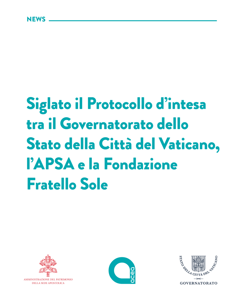 AceaGruppo's tweet photo. Sostenibilità ambientale, innovazione e uso responsabile delle risorse.

Sono questi i principi alla base del Protocollo d’intesa siglato tra il Governatorato dello Stato della Città del Vaticano, l’Amministrazione del Patrimonio della Sede Apostolica (APSA), la Fondazione Fratello Sole e Acea.

L’accordo avvia un percorso congiunto finalizzato alla definizione, strutturazione e progressiva realizzazione di un impianto agrivoltaico nella zona extraterritoriale di Santa Maria di Galeria, un progetto che integra produzione di energia rinnovabile, valorizzazione del territorio e tutela delle risorse naturali.

L’iniziativa nasce con l’obiettivo di contribuire al sostentamento energetico dello Stato della Città del Vaticano attraverso soluzioni innovative e integrate, capaci di coniugare produzione energetica, attività agricole e uso efficiente delle risorse.

Metteremo a disposizione le nostre competenze nei settori energetico, idrico e ambientale per supportare lo sviluppo di un approccio integrato che consideri le diverse componenti del progetto e le interrelazioni tra produzione, consumo e gestione delle risorse, in un contesto caratterizzato da elevata complessità tecnica e gestionale.

Scopri di più, leggi il comunicato stampa sul nostro sito: https://t.co/4z829dEU46

#Acea