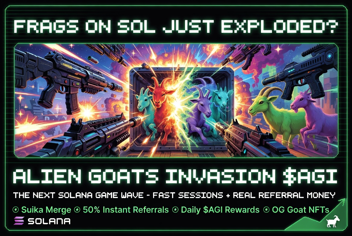 Alien_Goats's tweet photo. Frags on Sol @fragsonSOL just went from 2k to millions in ~14 hours. Servers full. Paid mode popping off. Another Solana game proving the meta is back.

While the hardcore FPS crowd is stacking SOL from kills…

Smart money is rotating into the one with better virality + easier entry:

Alien Goats Invasion ($AGI)

- Suika-style goat merging (instant dopamine)
- 50% referral commissions paid instantly to your wallet
- Daily leaderboard $AGI airdrops
- OG Goat NFTs with real burns

**CA:** `7aiYPfUvR4hZvk7dGx4p28aSN6KyARYy3kDNFzbypump`

This is the casual king of the next wave.

Full breakdown here:

https://t.co/J3NgTG86GR

Who’s already stacking goats? Drop your high scores + referral links below 👇

#AlienGoatsInvasion #AGI #FragsOnSol #SolanaGames