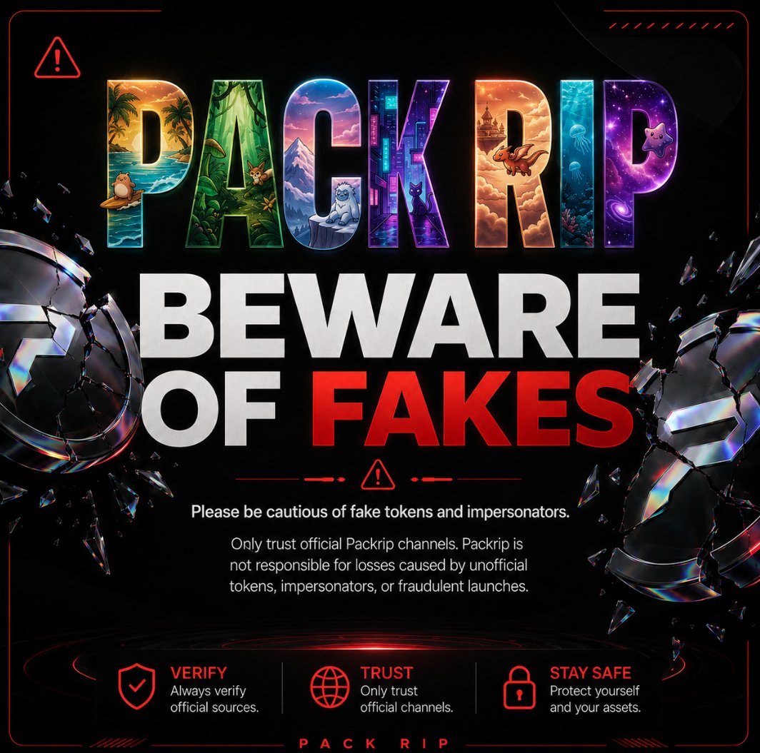 alfarackz's tweet photo. Please be cautious of any fake tokens or accounts impersonating Pack Rip.

Only trust announcements made through our official channels. Pack Rip is not responsible for any losses caused by unofficial tokens, impersonators, or fraudulent launches. https://t.co/nwMvg7OiVJ