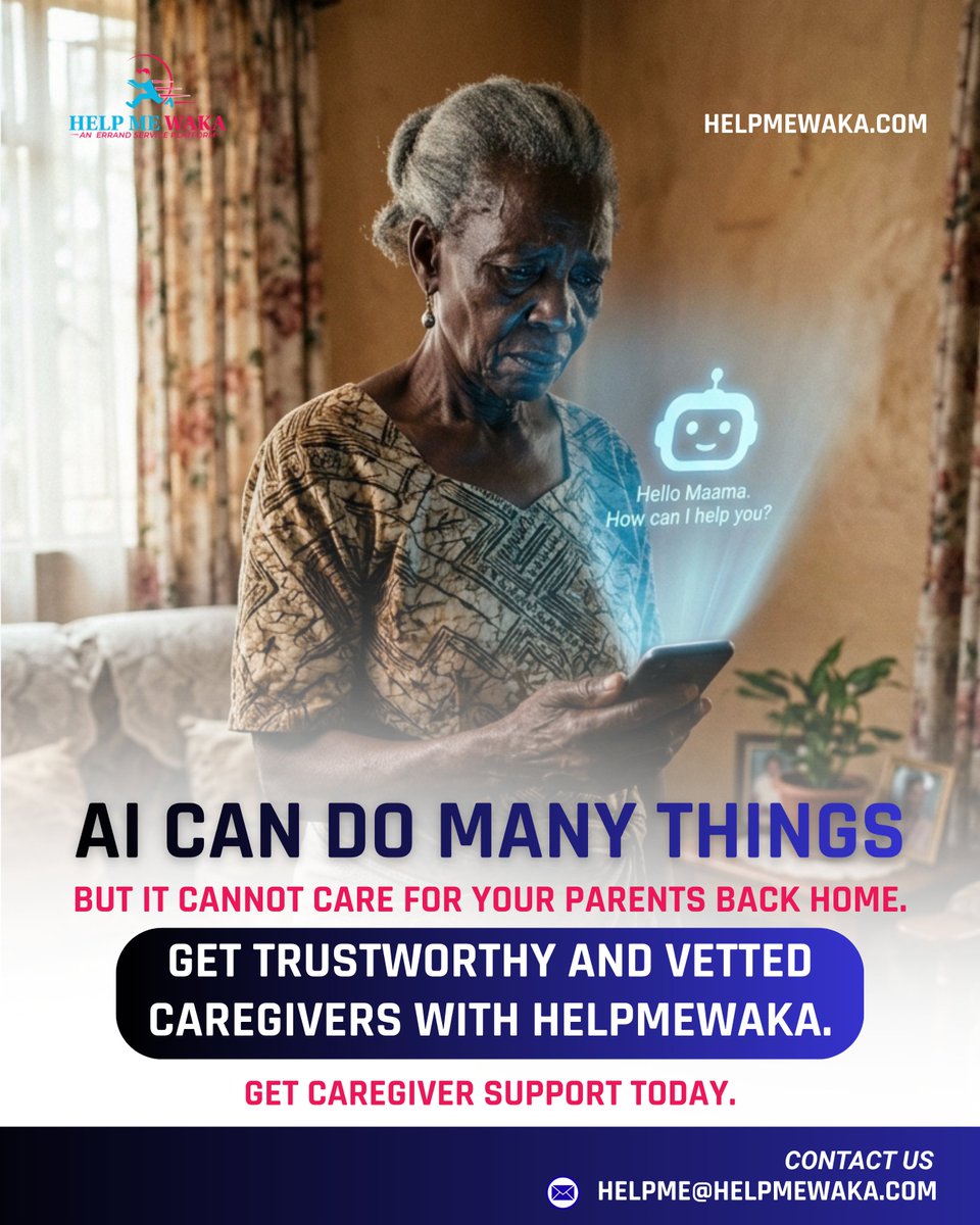 helpmewaka's tweet photo. AI can do many things, but it cannot care for your parents back home.

Get trustworthy and vetted caregivers with Helpmewaka, so your loved ones have real support when you cannot be there. https://t.co/5AITw1lSoM