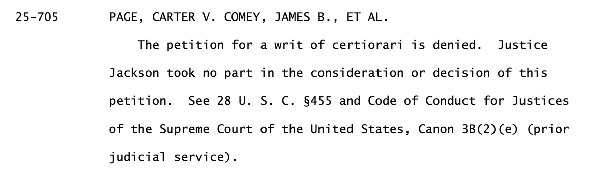 joshgerstein's tweet photo. #SCOTUS turning down Page's bid to revive his suit against individual officials like Comey, McCabe, Clinesmith means the Trump admin paid out in a case that no court determined to have legal merit https://t.co/D5UgZaWVl1
