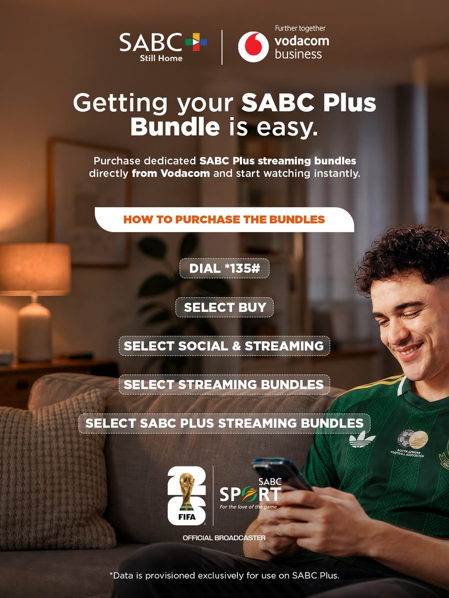 Official_SABC1's tweet photo. โฝStream the FIFA World Cup for less with dedicated SABC Plus streaming bundles from Vodacom.
Getting started is easy:
๐ฑ Dial *135#
โก๏ธ Buy
โก๏ธ Social & Streaming
โก๏ธ Streaming Bundles
โก๏ธ SABC Streaming Bundles
Data is provisioned exclusively for use on SABC Plus.
#SABCPlus https://t.co/lsUzCbHmIi