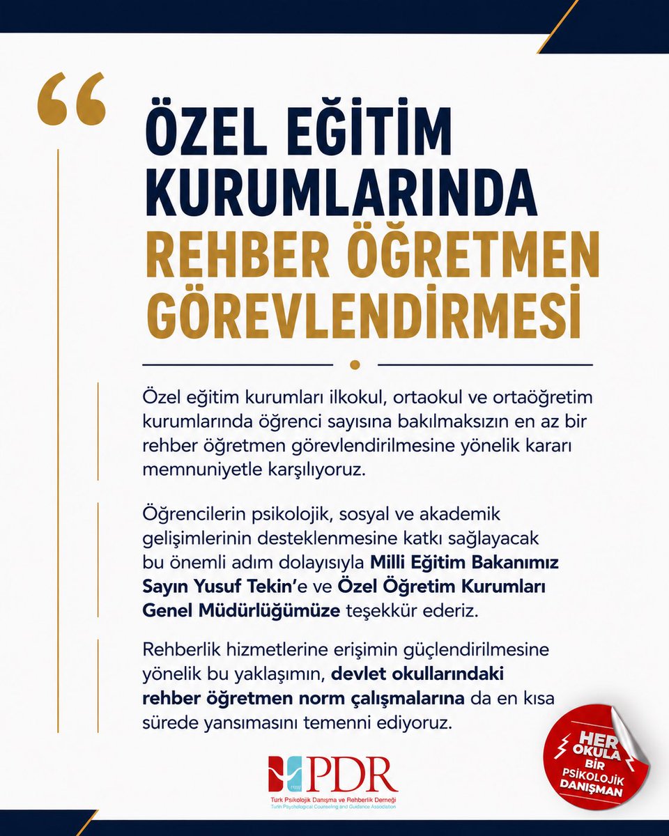 turkpdrdernegi's tweet photo. Özel eğitim kurumları ilkokul, ortaokul ve ortaöğretim kurumlarında öğrenci sayısına bakılmaksızın en az bir rehber öğretmen görevlendirilmesine yönelik kararı memnuniyetle karşılıyoruz.

@tcmeb @Yusuf__Tekin @tcookgm @fethullahguner https://t.co/8kOhffofCm