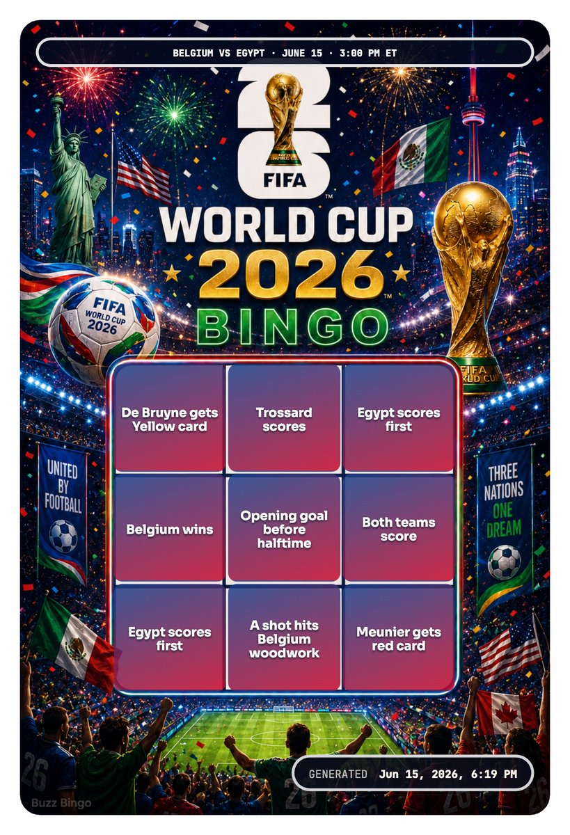 buzzbingofun's tweet photo. Belgium vs. Egypt starting soon ⚽️
have you locked in your predictions yet? 👇
https://t.co/w8JqDGVc13

who'll call it? Who'll get Bingo? https://t.co/Ab5JGYxCw8