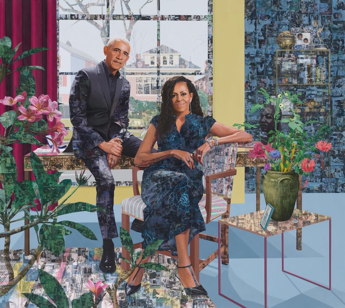 Gianl1974's tweet photo. BREAKING: The first official portrait of Barack and Michelle Obama together has been unveiled and it's absolutely stunning.
Look closely at the tiny components of this piece...
"Tradition is not untouchable. We can own it, we can shape it, we can move it the way we need," Nigerian-born artist Njideka Akunyili Crosby told Harper's Bazaar.
The artwork is one of 28 pieces that have been commissioned for the Obama Presidential Center in Chicago, which opens later this week on Juneteenth.
Harper's explained that Akunyili Crosbyβs masterpieces are "technically complex" and while they are designed to "resemble conventional figurative paintings at a distance" they are actually "composed of dense layers of embedded images, in something like a visual archive."
If you look, you should be able to spot a volume of the Harvard Law Review that was published while Barack Obama was the journal's first Black President. You'll also spot Stevie Wonder's "Talking Book," which was the first album that the former First Lady ever owned.
βYes, he was the President. But she is incredible," said Akunyili Crosby.
βNostalgia for the past is always a dicey thing. But that does not mean it wasnβt important for me to kind of touch upon the feelings we all hadβand the hope," the artist added.
Now, more than ever, we miss the days when we had a dignified, compassionate, intelligent First Couple.
What can you spot in the portrait?
Please like and share if you love this artwork!