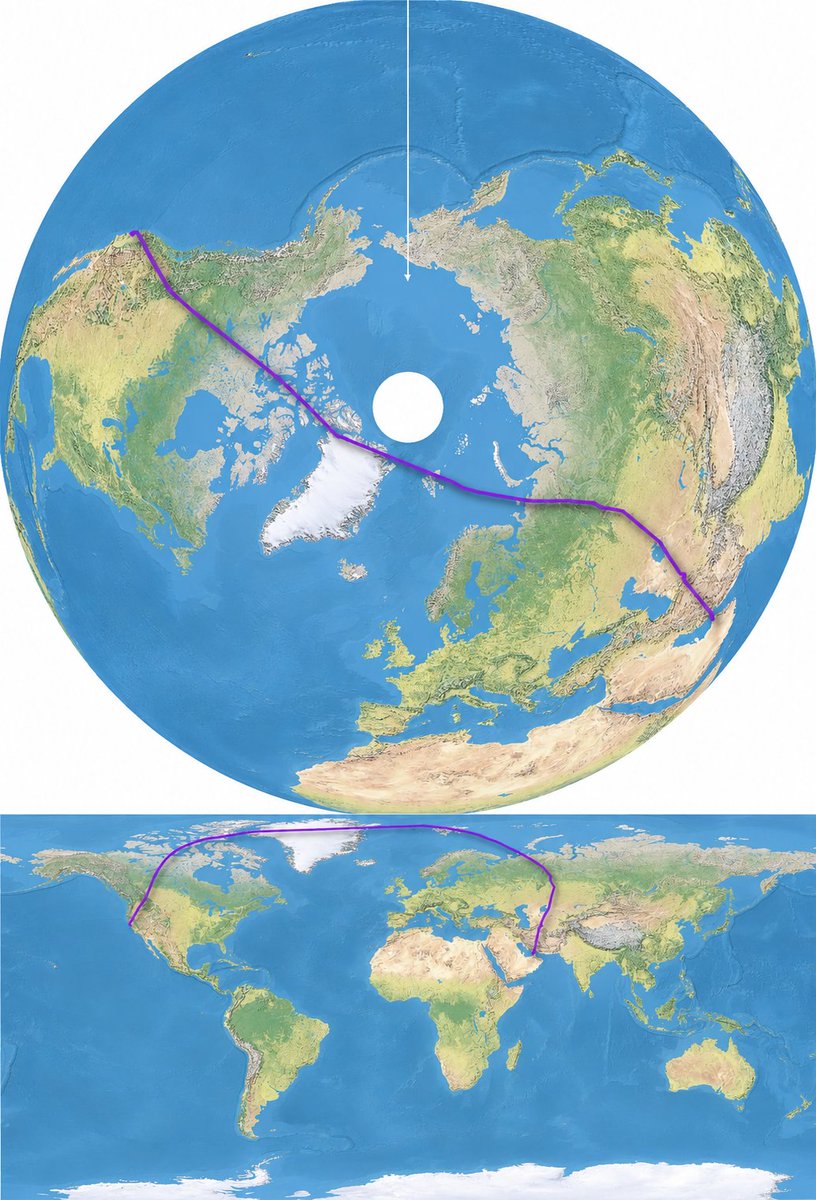 theepicmap's tweet photo. One flight, two map projections https://t.co/Q3Zwsby9e3