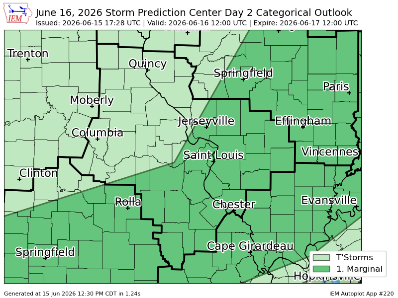 PWXStLouis's tweet photo. #SPC issues Day 2 Marginal Convective Risk at Jun 15, 17:28z for LSX https://t.co/YwHTnax8aN https://t.co/B6fGzR27YG