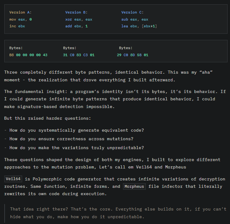 5mukx's tweet photo. The Art of Self-Mutating Malware

TL;DR: This blog covers building self mutating (polymorphic &amp; metamorphic) malware that evolves its code each time it runs to evade detection. 

Blog:- https://t.co/3shGbGAmXT

#polymorphic #malware https://t.co/H5zPDK3ZsB
