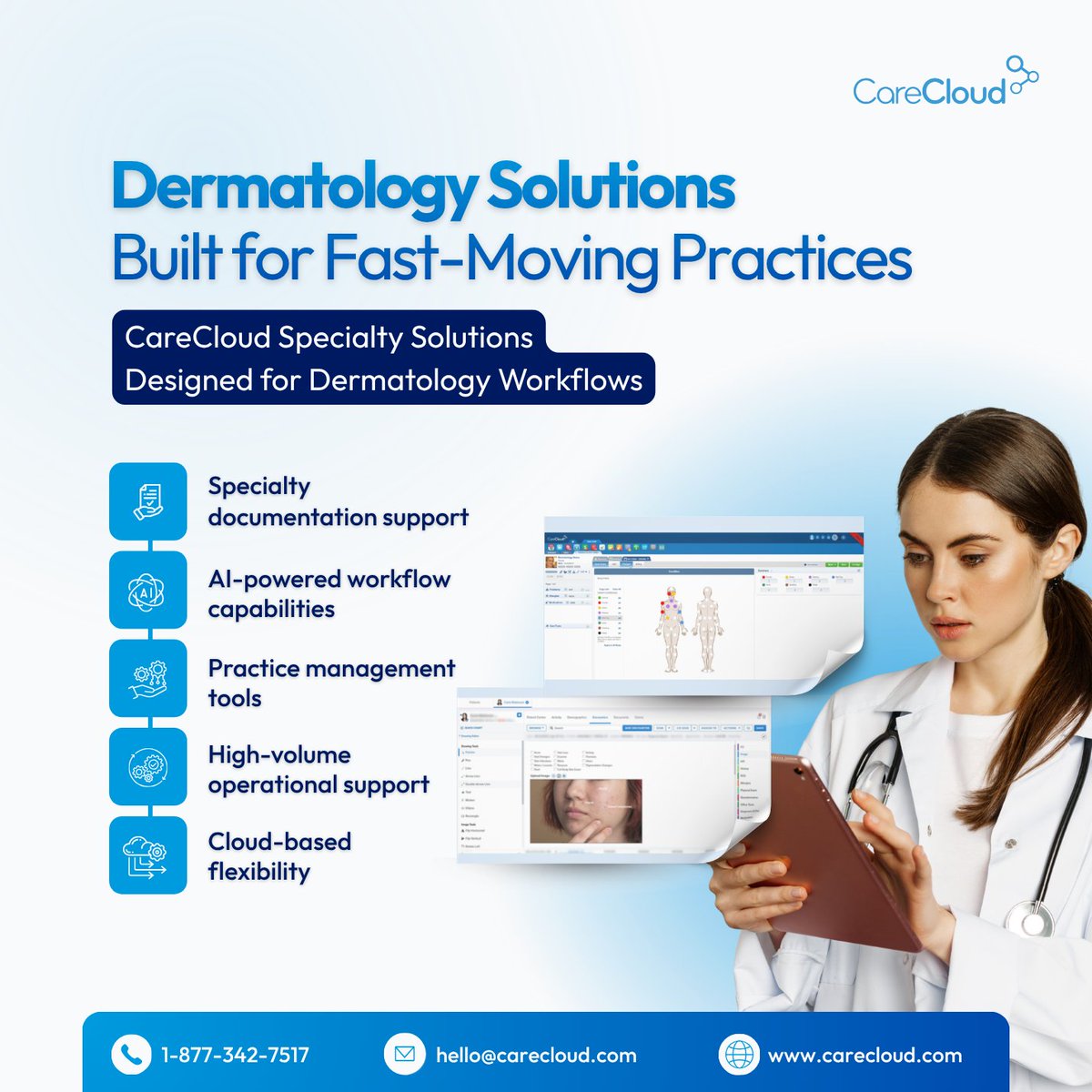 CareCloud's tweet photo. Dermatology moves fast. CareCloud Dermatology solutions support specialty workflows, AI-powered tools, documentation, and practice management for modern practices. https://t.co/JZGN9tbpwq
#Dermatology #CareCloud https://t.co/zFBefI7raj