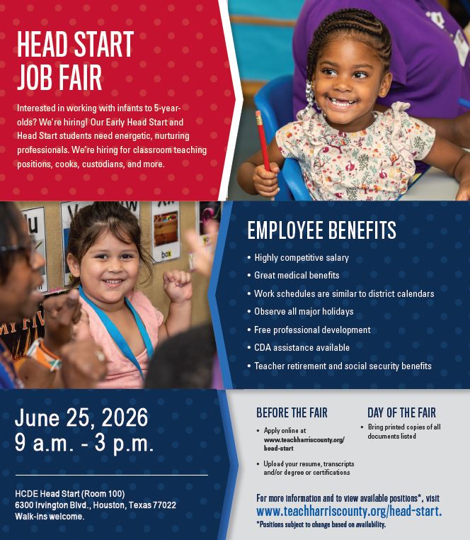HCDEtx's tweet photo. The future of Head Start is taking shape one candidate at a time. Mark your calendar for our next job fair on June 25. Attendees will receive valuable info about HCDE's work culture, competitive benefits and opportunities for career growth. Apply now at https://t.co/oyzLbvzdFa. https://t.co/0twLSxMs1v