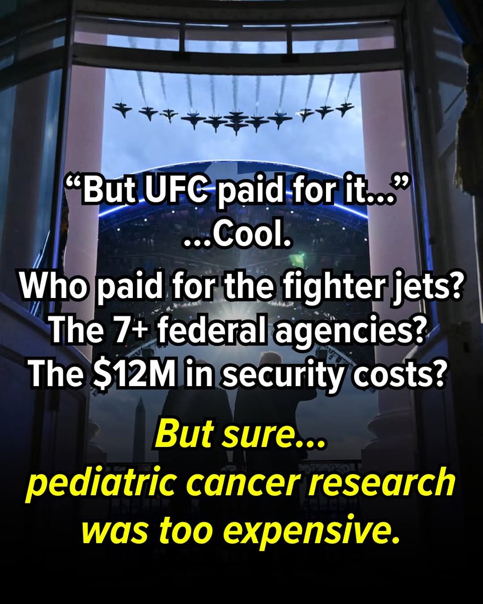 ViralReelAddict's tweet photo. The UFC may have paid for the cage, but that wasn’t the only cost.

Last night’s event, Trump’s birthday present to himself, reportedly involved support from more than seven federal agencies, military flyovers, and an estimated $10–12 million in supplemental security costs.

Taxpayers may not have paid for the arena, but they were still paying plenty for the spectacle around it.

This is the same political movement that spent months celebrating DOGE-style austerity and helped derail a spending package that included funds for the Gabriella Miller Kids First pediatric research initiative.

We’re constantly told the government can’t afford programs that serve the people.

Can’t afford medical research. 
Can’t afford programs for children.
Can’t afford investments that save lives.

Yet somehow there’s money for fighter jets, security operations, and presidential vanity projects.

And that is the part they want people to miss. 

The cage is only one line item. The real story is the entire machinery of government being bent around one man’s spectacle: the agencies, the military pageantry, the public space, the official imprimatur of the White House.

Nobody is claiming the UFC event literally took money out of a pediatric cancer fund.

The point is that spending is about priorities.

And the right’s priorities are grossly out of whack.