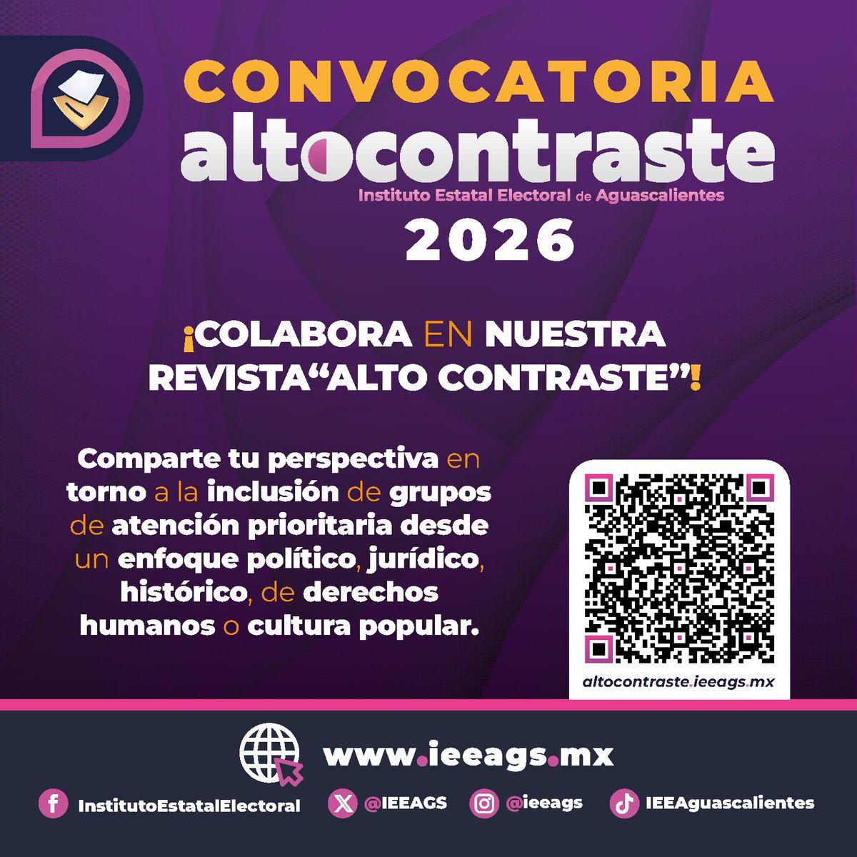 IEEAGS's tweet photo. ¡Tienes hasta este 18 de junio para participar!

El Comité Editorial de este Instituto aprobó extender el plazo de recepción de textos de la revista institucional "Alto Contraste".

Convocatoria 📜👀👇🏽

https://t.co/FGbmbZvknC

#AltoContraste📓 https://t.co/nlPnlHgHaw