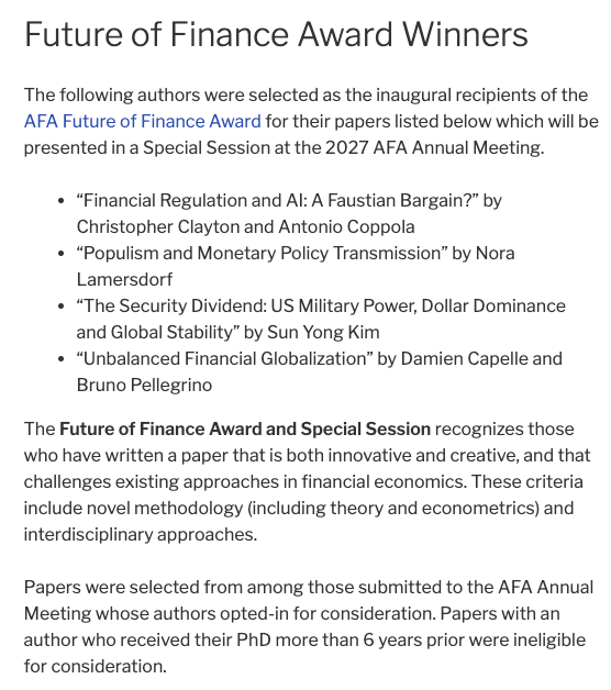 GCAProject's tweet photo. Congratulations to Christopher Clayton and @acoppola4 for recognition being selected to receive the AFA Future of Finance Award. Read their paper "Financial Regulation and AI: A Faustian Bargain?" here: https://t.co/VDqpu5lCGe. https://t.co/pszWdy1E1o