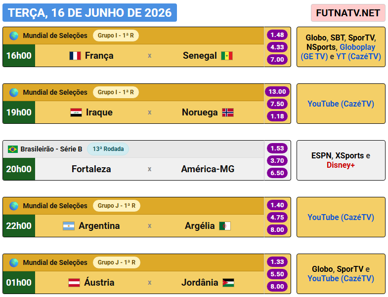 futnatv's tweet photo. A programação do futebol nesta terça (16/6/2026) https://t.co/pD0OLz0M62