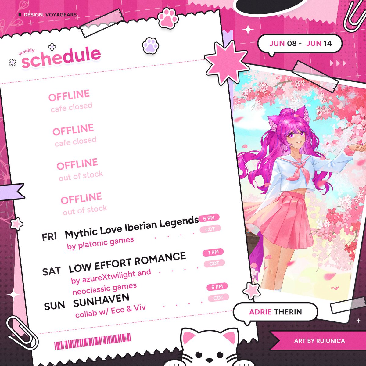 AdrieTherin's tweet photo. My work trip this week has messed up my schedule, but here it is.
🌸 Fri 🌸 6 PM 🌸 Mythic Love: Iberian Legends Demo by @MythicLoveGame and @PlatonicGames 
🌸 Sat 🌸 1 PM 🌸 Low Effort Romance Demo by @azureXtwilight and @NeoclassicGames 🌸
🌸 Sun 🌸 6 PM 🌸 Sunhaven collab w/ Eco and Viv 🌸

On Sat we may play some additional games and demos. Just depends on how things go.
