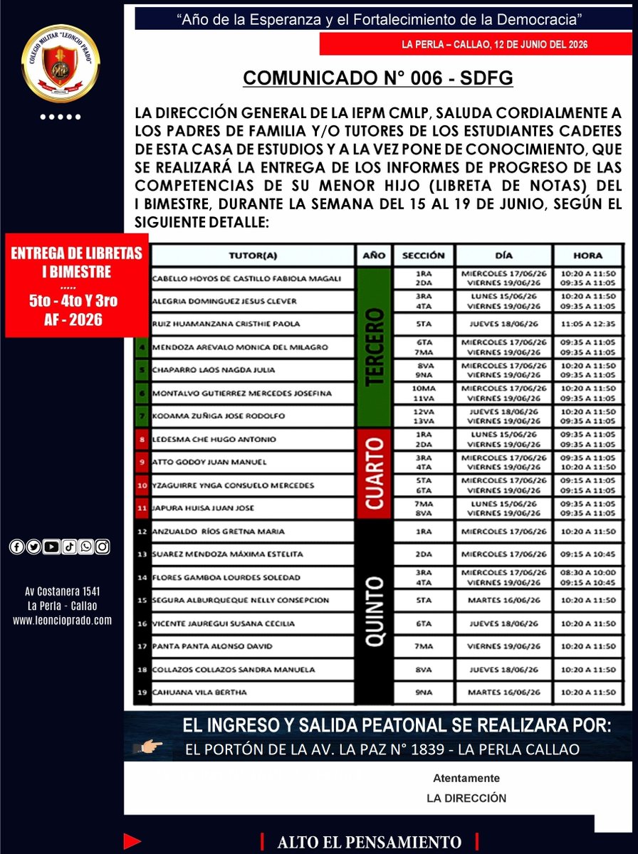 cmlp_web's tweet photo. La IEPM CMLP, saluda cordialmente a los padres de familia y/o tutores de los cadetes y a la vez pone de conocimiento, que se realizará la entrega de los informes de progreso de las competencias de su hijo (libreta de notas) del I Bimestre, durante la semana del 15 al 19 de junio https://t.co/OXJA8fXJdU