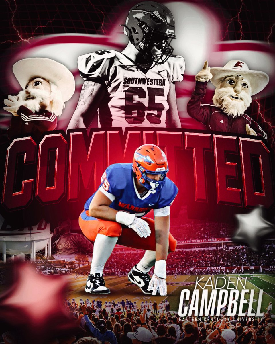 Kaden_65's tweet photo. I’m very blessed to announce that I have committed to Eastern Kentucky University! First and foremost I would like to thank god for putting me in this situation. I would also like to thank my parents and coaches for helping me become the player I am today. Lastly I want to thank Coach Wells and the rest of the staff at Eastern Kentucky University. Go colonels! @EKUWWells @coacharichman @CoachRav @EKUFootball @coachpayne64 @coacht8morris @dboon88 @CoachTankSw @Southwestern_FB