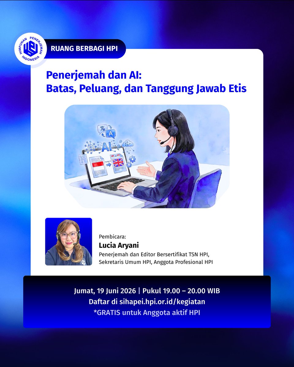hpipusat's tweet photo. Halo, Sahabat HPI. 👋🏽
Ruang Berbagi HPI Juni 2026 akan hadir.✨
Tertarik untuk bergabung?🤩
Daftar: https://t.co/qqOFC8Wn1l

#HPI #RuangBerbagiHPI #AI #penerjemahan https://t.co/SWOCUfy3BD