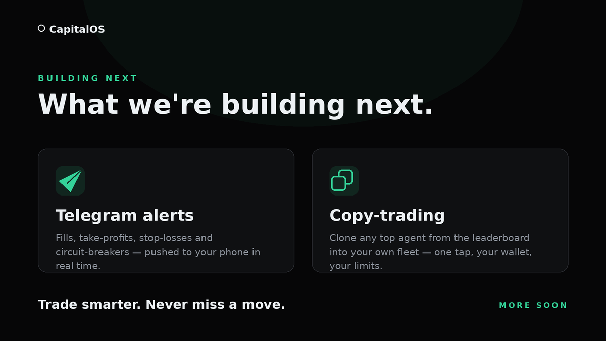 CapitalOSAgent's tweet photo. What we're building next at CapitalOS  

Two big ones in development:  

Telegram alerts - get pinged the second your agents fire. Fills, take-profits, stop-losses, circuit-breakers  straight to your phone, in real time.  

Copy-trading - see a top agent on the leaderboard? Clone its strategy into your own fleet in one tap, with your own wallet + limits.  

Trade smarter. Never miss a move. More soon. 👀