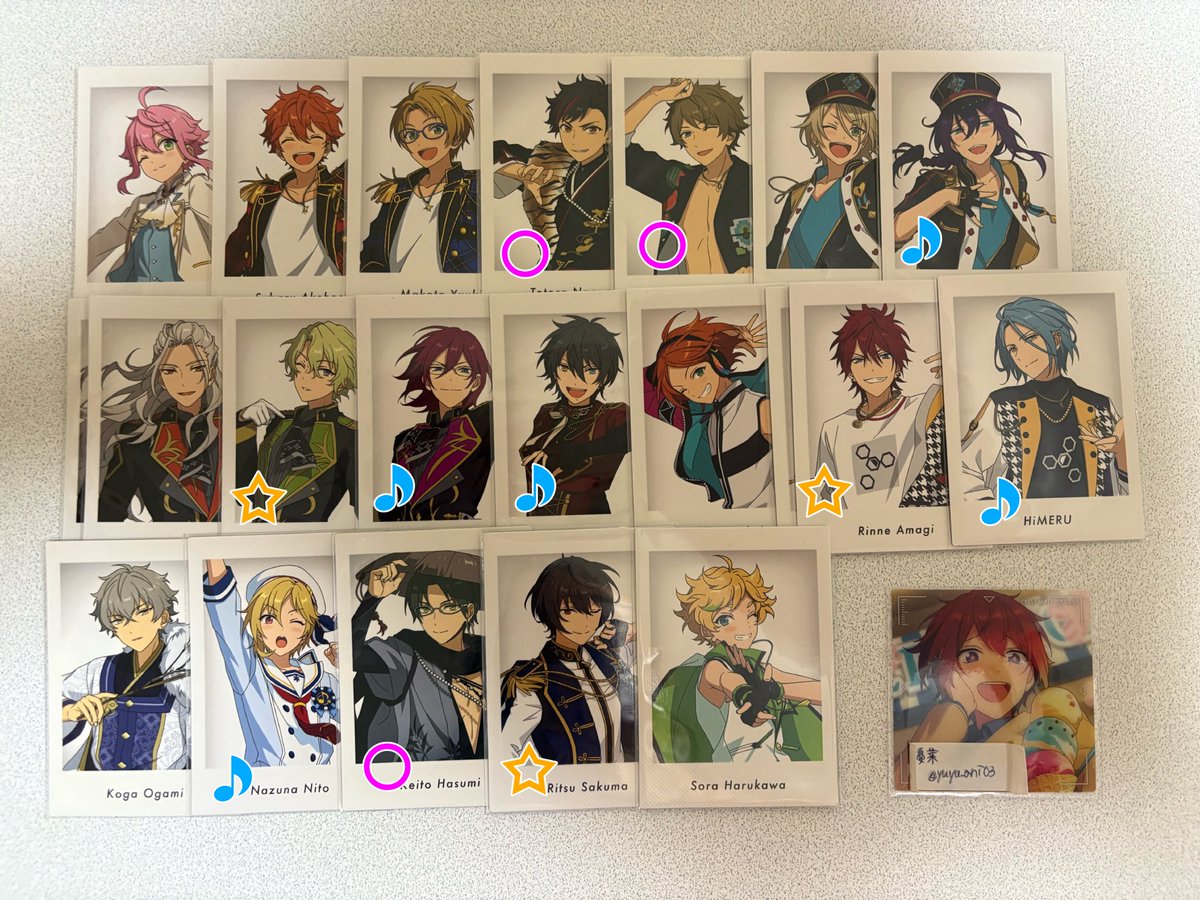 yuyu_ani03's tweet photo. 【交換】あんスタ 特典 ぱしゃっつ

譲￤桃李 スバル 真 鉄虎 翠 藍良 マヨイ 凪砂 日和 茨 みか ひなた 燐音 HiMERU 晃牙 なずな 敬人 凛月 宙

求￤今弾 ★チトセ 司

＊無印は¥100/枚.○は¥50/枚にて譲渡◎
＊☆は★とのみ
＊郵送.ﾘﾄﾘﾝ記載手渡し

検索からでも気軽にお声掛けください🌸 https://t.co/tKhUFxqVKb