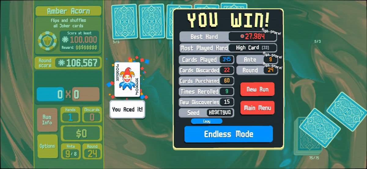 JacobAtTwiter's tweet photo. Just won my first run of @BalatroGame. I am truly loving this game 🃏. https://t.co/zN4YFU7GG3