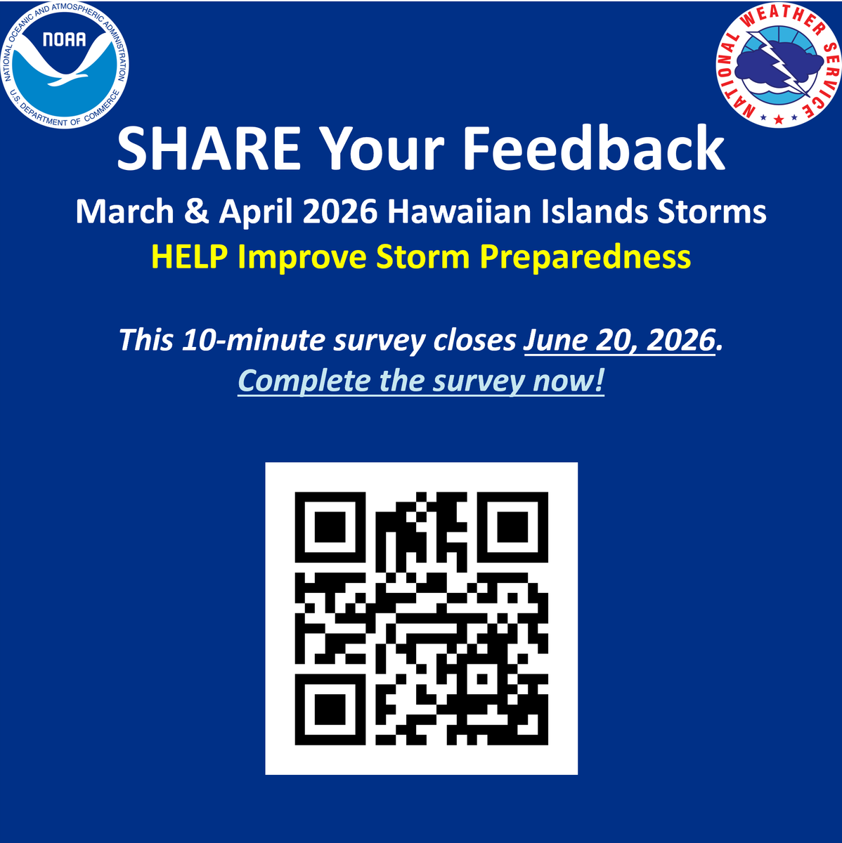 Oahu_DEM's tweet photo. Help the US National Weather Service Honolulu by giving feedback!  The National Weather Service is seeking community perspectives on the March/April 2026 Hawaiian Islands storms. This 10-minute survey closes June 20, 2026. 

https://t.co/YDqyIeXmKH https://t.co/hFIjXGoxxm