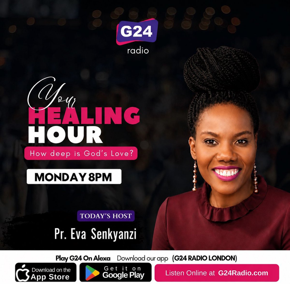 G24Radio's tweet photo. Don't miss Your Healing Hour with Pastor Eva at 8PM.
Tune in tonight to experience the restoring power of God's Word and elevate your spirit.

Listen LIVE: G24 App, Alexa &amp; https://t.co/kIgH9L597w. https://t.co/clC9AaB7pl