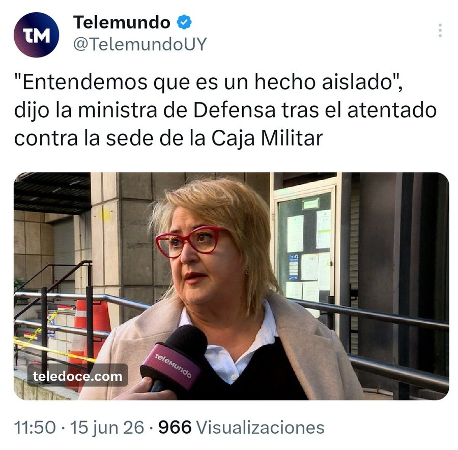 riverafrutos's tweet photo. ▪️Atentado contra la Caja Militar 15/6/26
▪️Atentado contra la Fiscal de Corte Mónica Ferrero 29/9/25
▪️Atentado contra la sede del INR 16/9/25

Noto un patrón de "hechos aislados" desde el 1/3/25... https://t.co/JyfALgjyyq