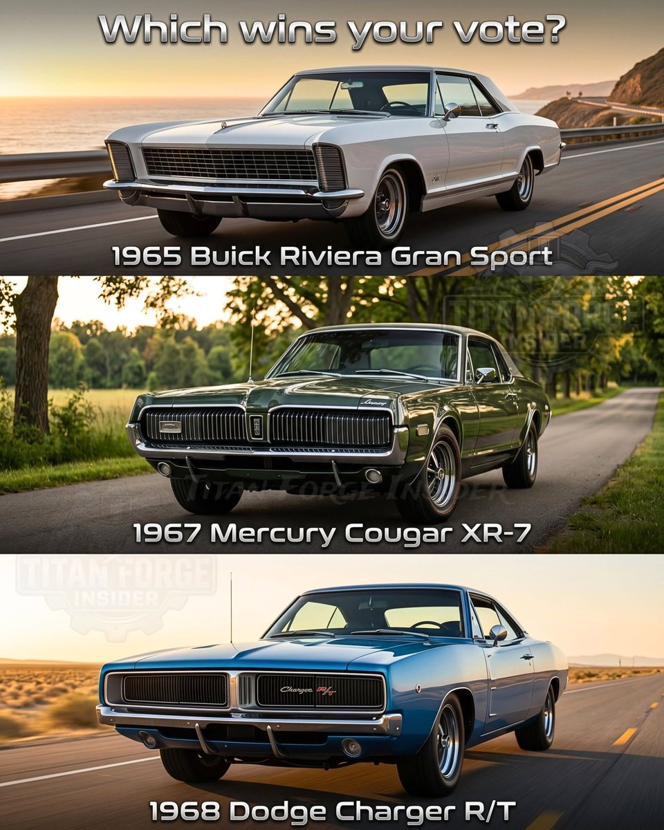 NYAutoMuseum's tweet photo. Which hidden-headlight legend wins your vote?
One of the coolest styling features ever created... 
Hidden headlights gave classic cars a clean, futuristic look that still turns heads today.
⚪ 1965 Buick Riviera Gran Sport
🟢 1967 Mercury Cougar XR-7
🔵 1968 Dodge Charger R/T https://t.co/8qlRno9hXV