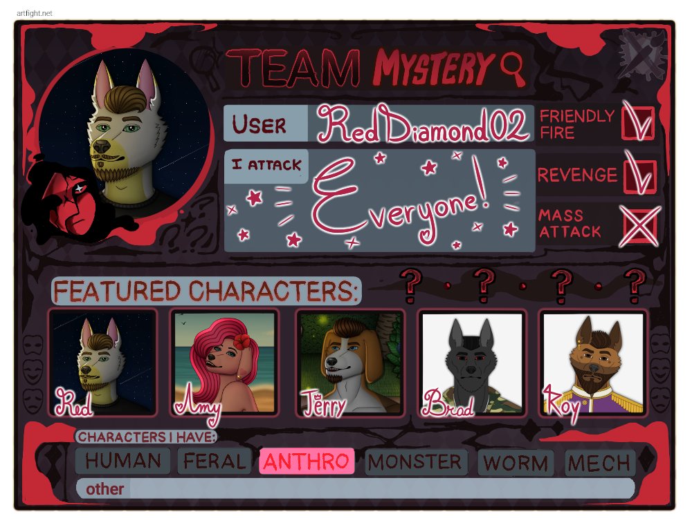 RDiamond02's tweet photo. Hello guys! This year I'll be joining #ArtFight2026 as a member of Team Mystery!🎭

Which team are you on? And more importantly, are you ready to fight? ;D

Here's the link to my profile: https://t.co/sCadFX2CsE

#Furry #Furryart #Furryartist #Furryfandom #Fursona #Anthro #OC https://t.co/0ZsOvXwzHI