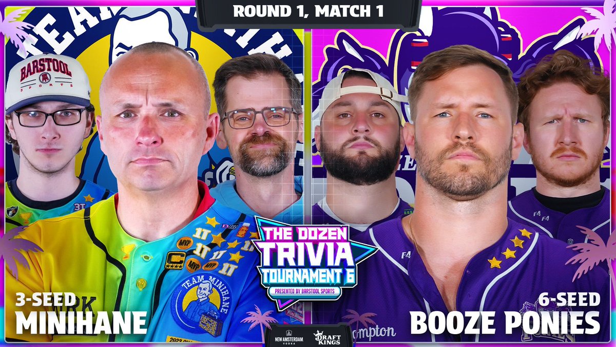 TheDozenTrivia's tweet photo. 🏆 TOURNEY TIME 🏆

Round 1 of The Dozen Trivia Tournament 6 kicks off as 3-MINIHANE (@kirkmin @RobbieBarstool @ChrisKlemmer) take on 6-BOOZE PONIES (@_willcompton @danabeers @FeitsBarstool) in a rematch from last year's Final Four...

Watch Here: https://t.co/QVAbP5VbbS https://t.co/T0qOcyiNBp