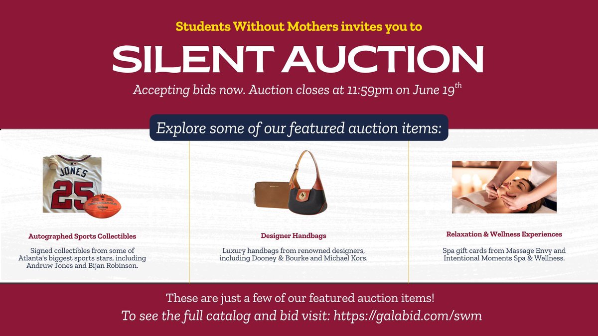 SWMScholarships's tweet photo. 🎉 Our Virtual Silent Auction is now OPEN! 🎉
Support Students Without Mothers while bidding on incredible items, including signed sports memorabilia, designer handbags, spa experiences, and so much more.
🗓️ Auction closes at 11:59PM on June 19th!
🔗 https://t.co/5zeSy7L8yr https://t.co/XWKI1C8z6L