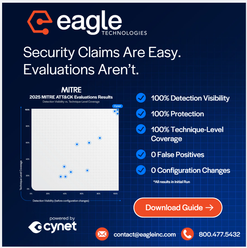techbyeagle's tweet photo. Claims are easy. Proof is rare. 
@Cynet has proven performance. 
MITRE ATT&amp;CK Evaluations prove solution performance — and we stand behind the results. At @techbyeagle, we believe in solutions that stand up to real-world testing.
▶️ https://t.co/MczkIsxH5E
#Cynet #MITREATTACK https://t.co/pue3RY7UFK