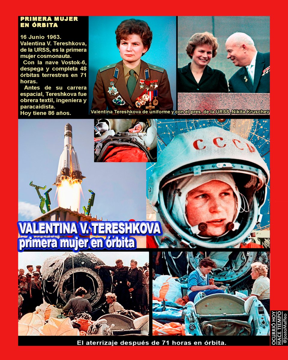 JostoMaffeo's tweet photo. 👩‍🚀 🚀 PRIMERA MUJER DE ALTOS VUELOS 

16 Junio 1963. Valentina V. #Tereshkova, de la #URSS, es la primera mujer #cosmonauta. 
 Con la nave #Vostok6 completa 48 órbitas terrestres en 71 horas. 
 Antes fue obrera textil, ingeniera y paracaidista. Hoy tiene 88 años. 

@controladores https://t.co/GUkRtyewbP
