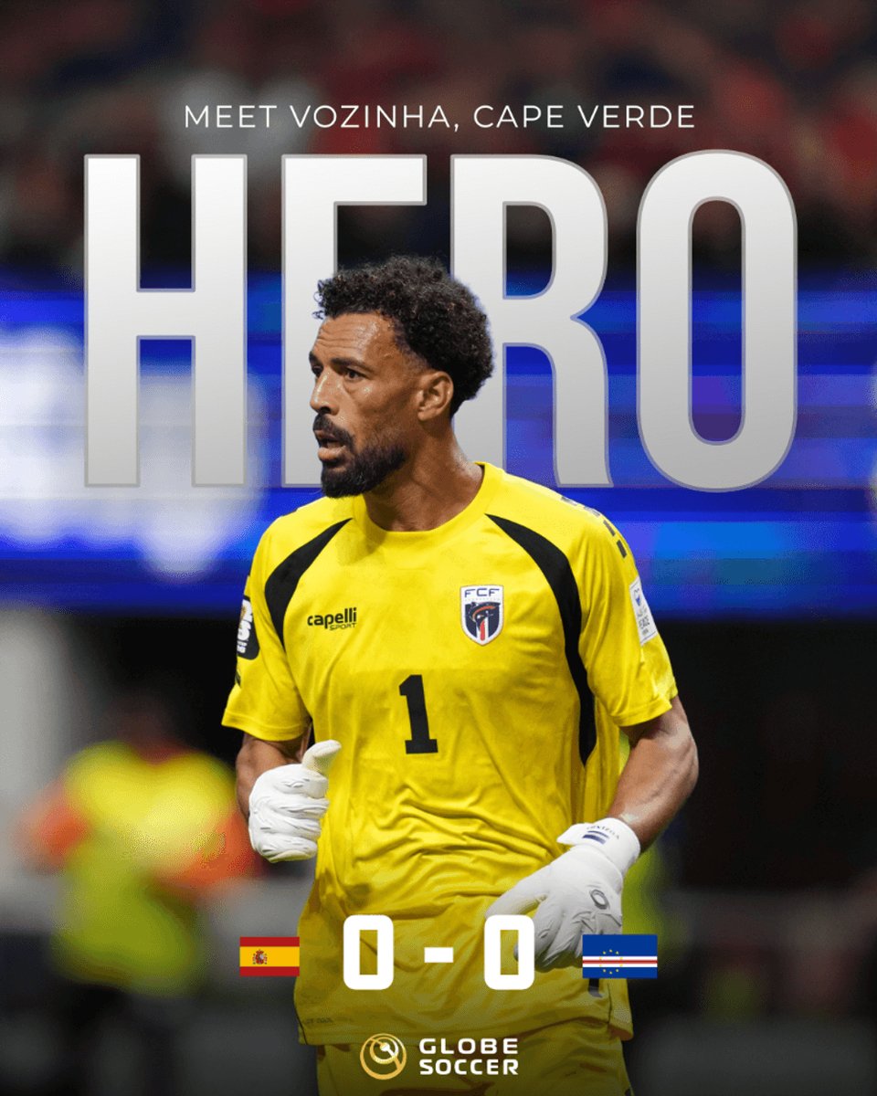 Globe_Soccer's tweet photo. Vozinha, the 40-year-old goalkeeper delivered one of the great World Cup debut performances, making 7 saves to preserve Cape Verde's historic clean sheet against the European champions. His full-stretch fingertip stop to deny Laporte's header set the tone for an unbeatable night. https://t.co/cPBn40oATe