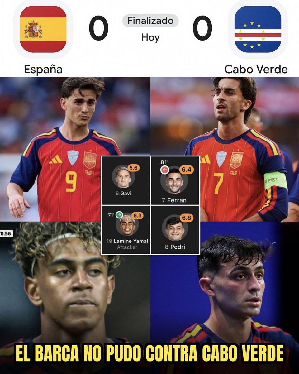 CasperLDS_'s tweet photo. La España del BARCELONA empató contra Cabo Verde...

✅ España gaña: La España del Barcelona de Yamal gana, gusta y golea. 

❌ España empata: La España del Madridista Cucurella es un fracaso.

👉🏻 Luis de La Fuente pensó que iba a jugar la Copa del Rey…