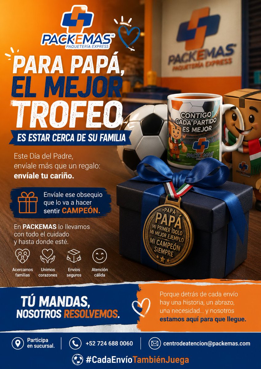_PACKEMAS_'s tweet photo. ⚽🎁 Este Día del Padre, envíale más que un regalo.

Envíale un abrazo, un recuerdo y la certeza de que siempre está presente. 💙

📍 Participa en sucursal.

📞 +52 724 688 0060
📩 centrodeatencion@packemas.com
#PACKEMAS #DíaDelPadre #CadaEnvíoTambiénJuega https://t.co/23Q1oe0PO8
