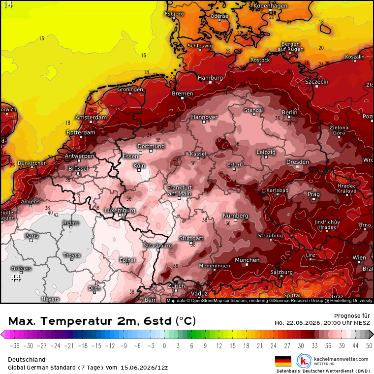 Kachelmannwettr's tweet photo. Da die größte Hitze zuletzt immer wieder aufgeschoben wurde, sollten die Berechnungen mit Vorsicht betrachtet werden. Jedenfalls eindrucksvolle Optionen mit 38 bis 40°C in einer Woche. 

Hier noch 3. Modell GFS, wird alle 6 Stunden aktualisiert:
https://t.co/1aUoGaI7PH
/FR https://t.co/pSBmYRWfZ0