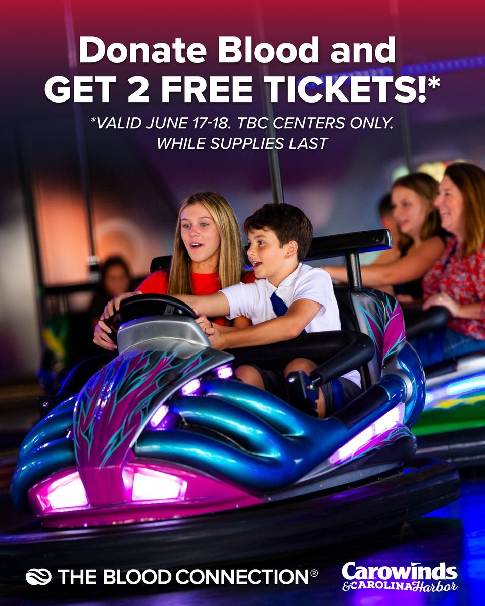 BloodConnection's tweet photo. 🎢 Life-saving looks good on you! Earn 2 FREE TICKETS when you donate blood, platelets or plasma at any TBC Community Blood Center this Wednesday &amp; Thursday (6/17-6/18). 🎡

🔗https://t.co/hQ3vd1Qm0b https://t.co/rhVNZKxcPY