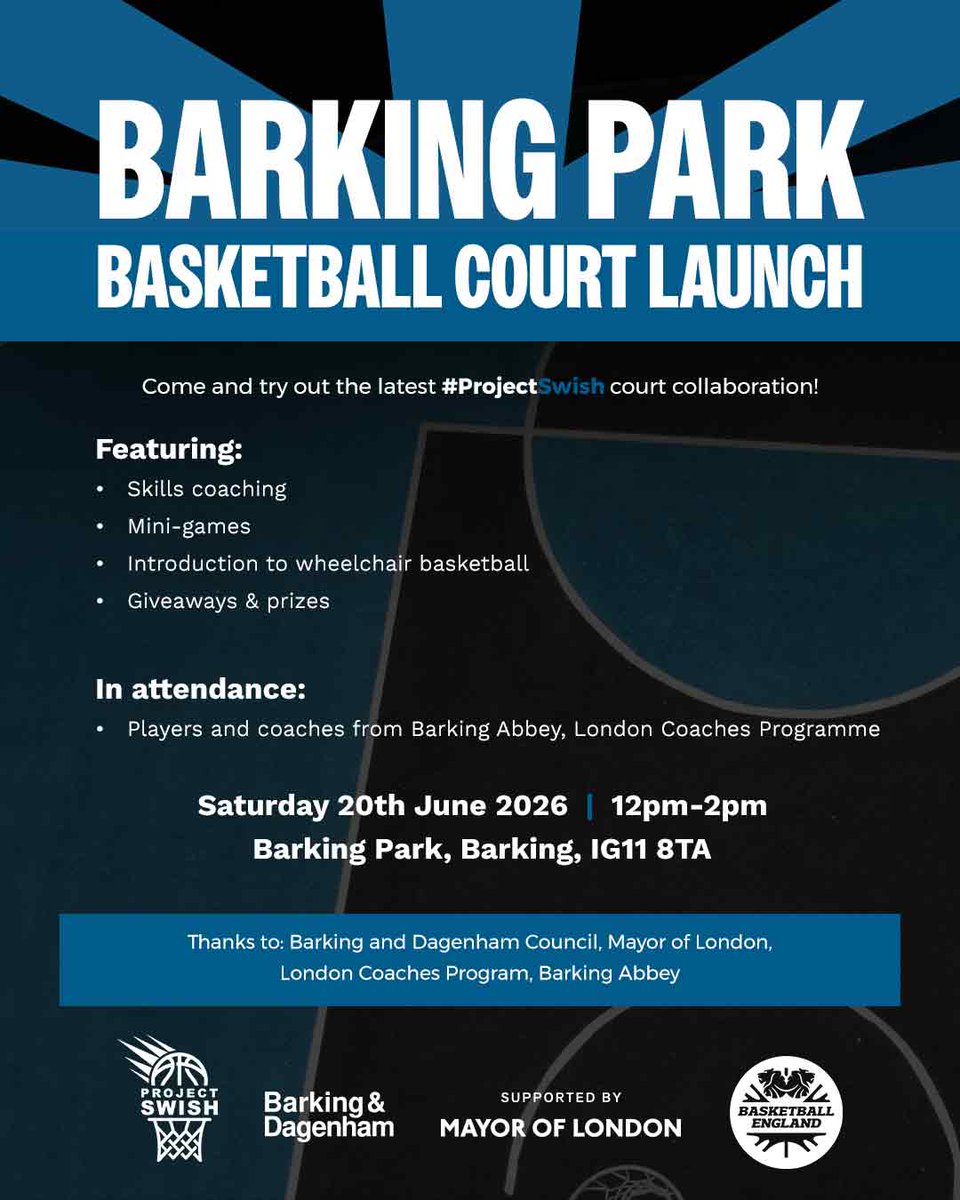 bballengland's tweet photo. Electric blue and black colourway for Barking Park Basketball Court, as Barking and Dagenham council complete court refresh project, supported by #ProjectSwish, and get ready for basketball activation on the 20 June. 

👉 https://t.co/ZdQXMkoYTC https://t.co/zygX5azuPJ